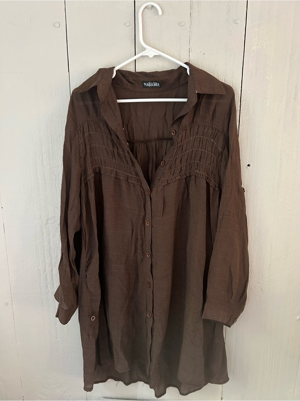 Brown Button-Front Pintuck Tunic Blouse